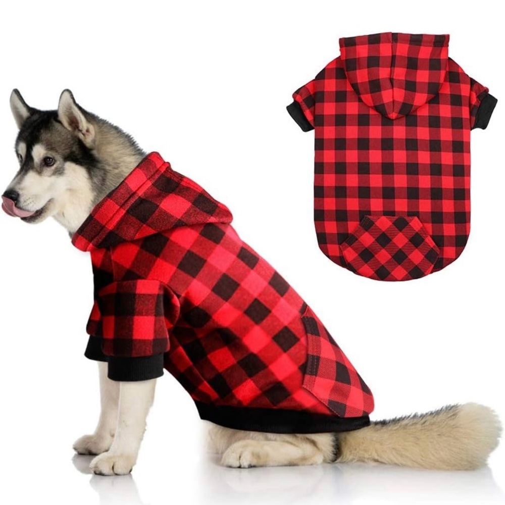 Red checkered sweatshirt with hood for dogs with hat and pocket